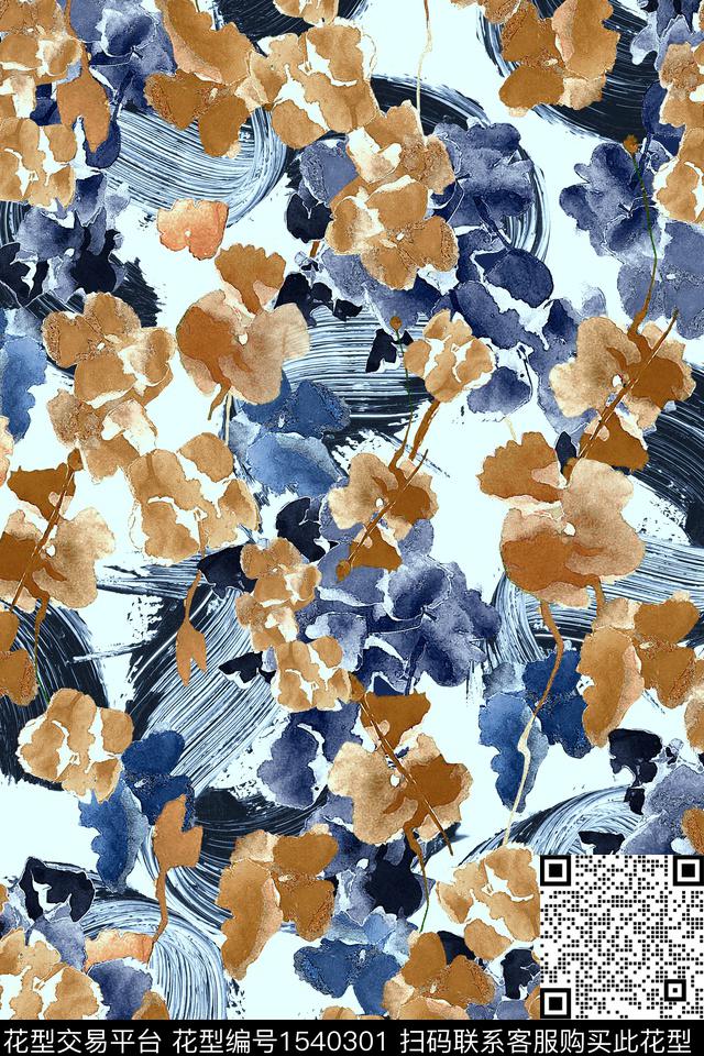 手绘花卉水彩花卉笔触数码印花华亿平台下载（图片编号: 1540301） - 瓦栏（Walan）