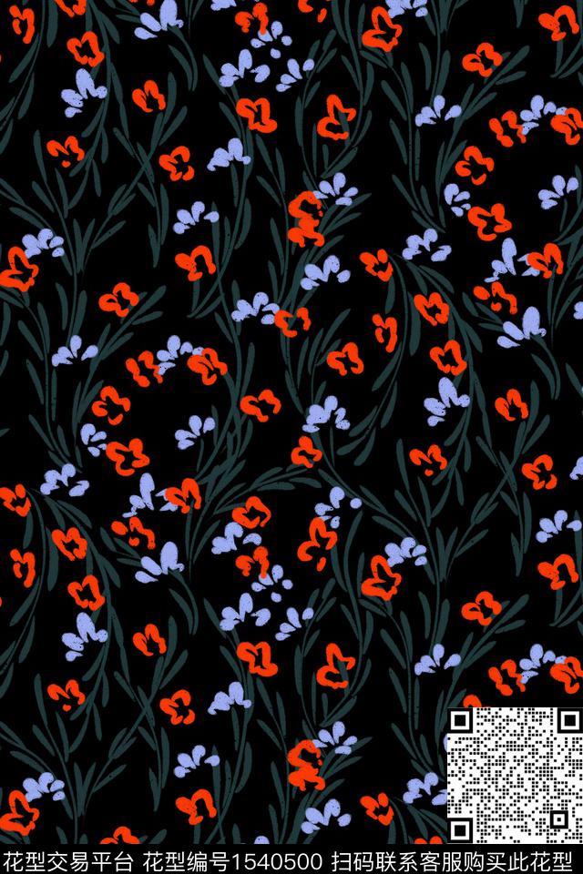 黑底花卉花卉抽象花卉数码印花华亿平台下载（图片编号: 1540500） - 瓦栏（Walan）