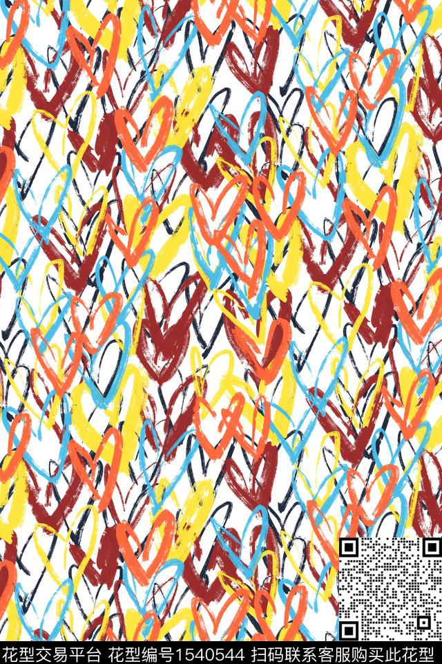 爱心涂鸦笔触数码印花华亿平台下载（图片编号: 1540544） - 瓦栏（Walan）