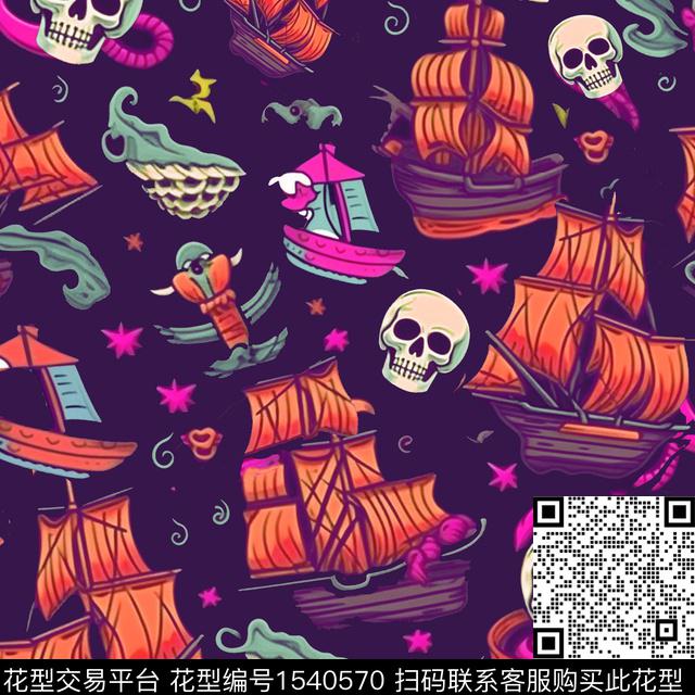 趣味骷髅帆船数码印花华亿平台下载（图片编号: 1540570） - 瓦栏（Walan）