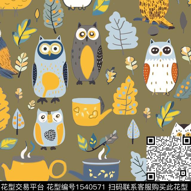 猫头鹰叶子水壶数码印花华亿平台下载（图片编号: 1540571） - 瓦栏（Walan）