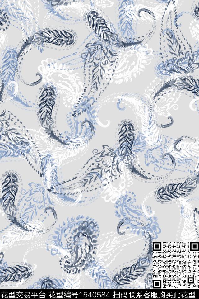 水彩笔触佩斯利数码印花华亿平台下载（图片编号: 1540584） - 瓦栏（Walan）