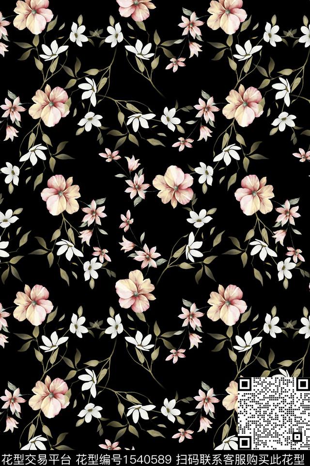 花卉黑底花卉小碎花数码印花华亿平台下载（图片编号: 1540589） - 瓦栏（Walan）