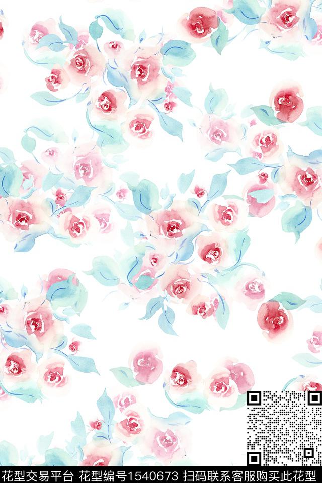 花卉水彩清爽数码印花华亿平台下载（图片编号: 1540673） - 瓦栏（Walan）