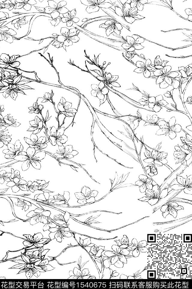 花卉黑白华亿平台树枝数码印花华亿平台下载（图片编号: 1540675） - 瓦栏（Walan）