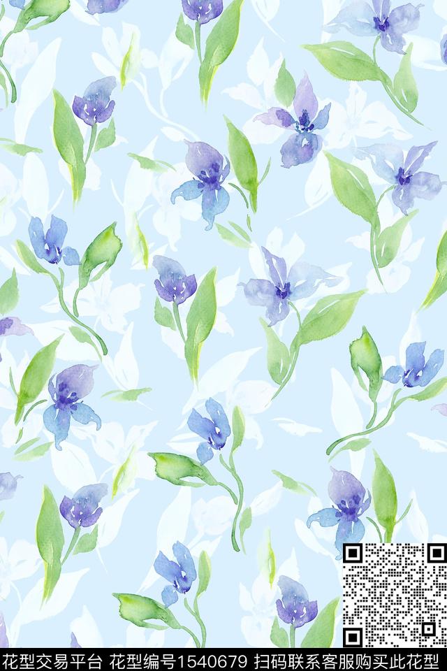 花卉水彩清爽数码印花华亿平台下载（图片编号: 1540679） - 瓦栏（Walan）