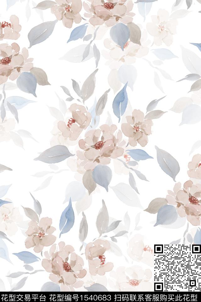 花卉水彩清爽数码印花华亿平台下载（图片编号: 1540683） - 瓦栏（Walan）