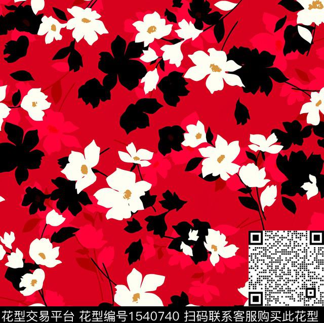 花卉黑白花剪影数码印花华亿平台下载（图片编号: 1540740） - 瓦栏（Walan）