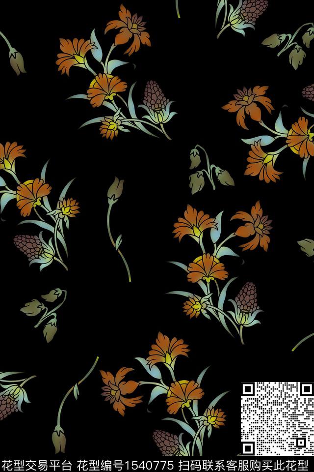 花卉小花黑底花卉数码印花华亿平台下载（图片编号: 1540775） - 瓦栏（Walan）