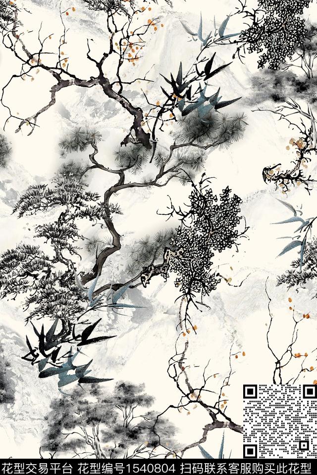 树枝水墨风中国风数码印花华亿平台下载（图片编号: 1540804） - 瓦栏（Walan）