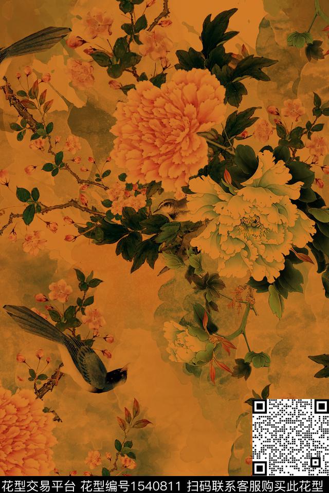 花卉香云纱中国风数码印花华亿平台下载（图片编号: 1540811） - 瓦栏（Walan）