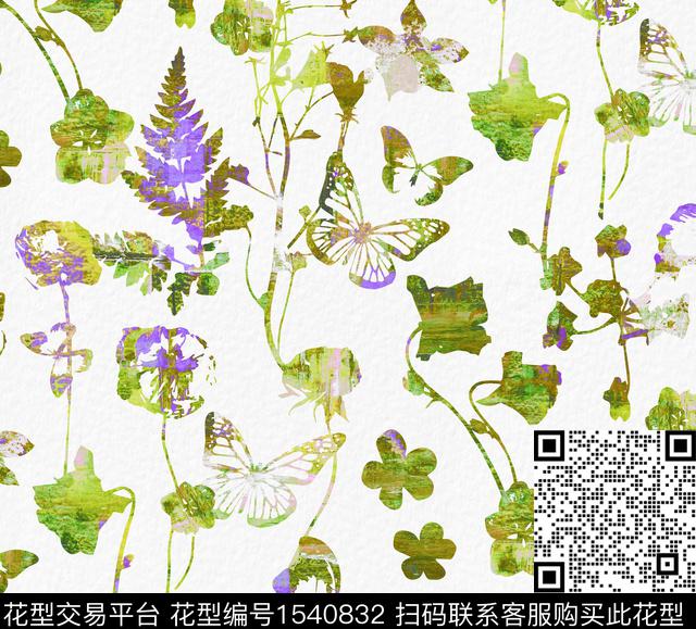 蝴蝶花卉叶子数码印花华亿平台下载（图片编号: 1540832） - 瓦栏（Walan）