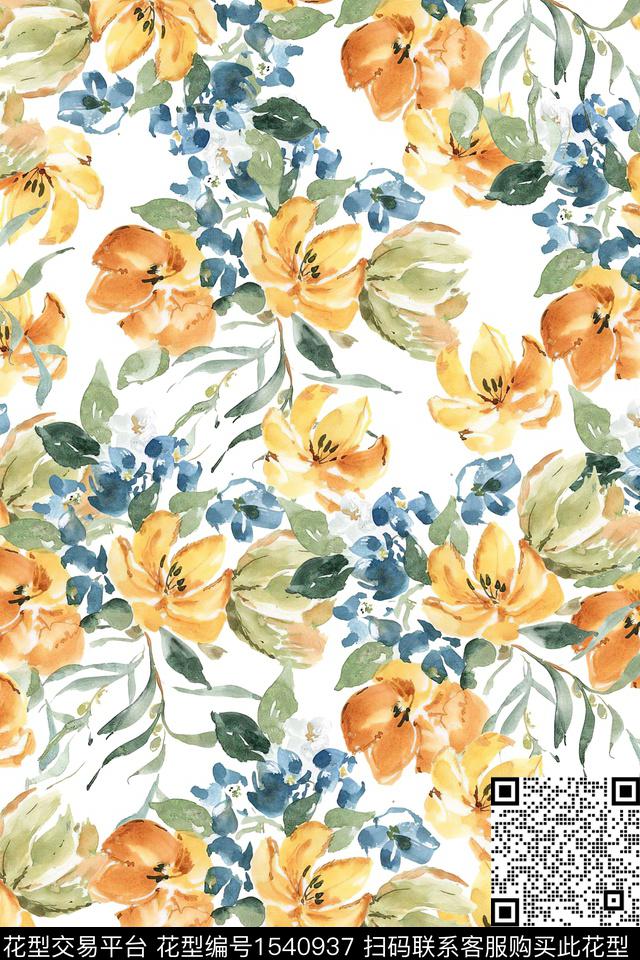水彩花卉满版散花数码印花华亿平台下载（图片编号: 1540937） - 瓦栏（Walan）