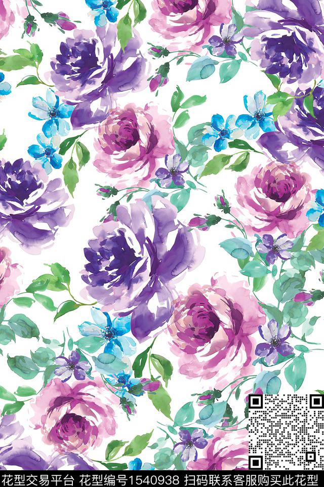 花卉水彩满版散花数码印花华亿平台下载（图片编号: 1540938） - 瓦栏（Walan）