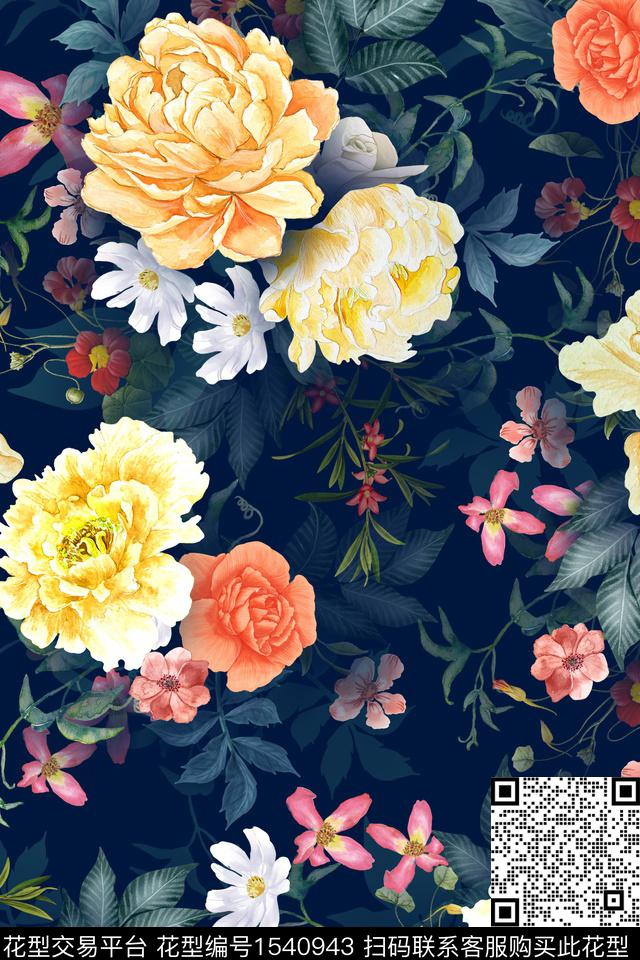 植物满版散花大花数码印花华亿平台下载（图片编号: 1540943） - 瓦栏（Walan）