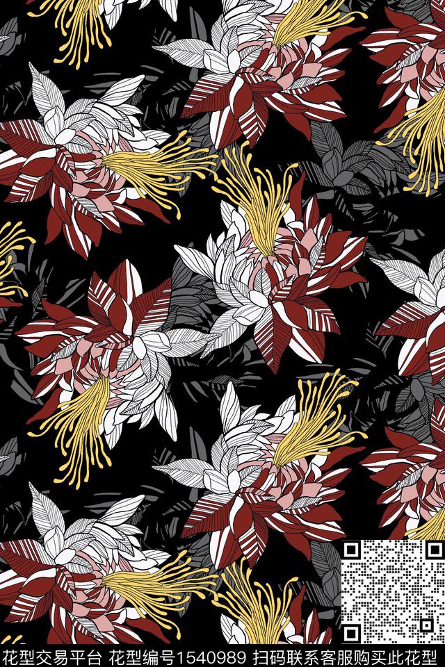 花卉线条花中老年数码印花华亿平台下载（图片编号: 1540989） - 瓦栏（Walan）