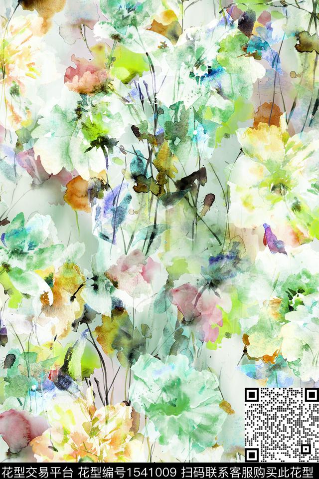 花卉水彩抽象数码印花华亿平台下载（图片编号: 1541009） - 瓦栏（Walan）