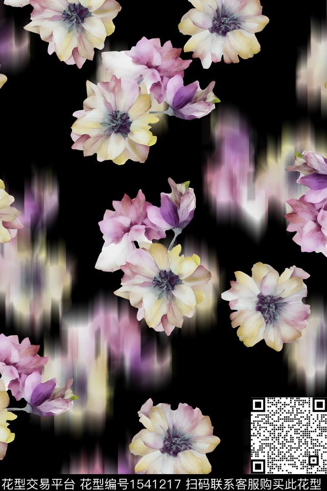 模糊花卉花卉黑底花卉数码印花华亿平台下载（图片编号: 1541217） - 瓦栏（Walan）