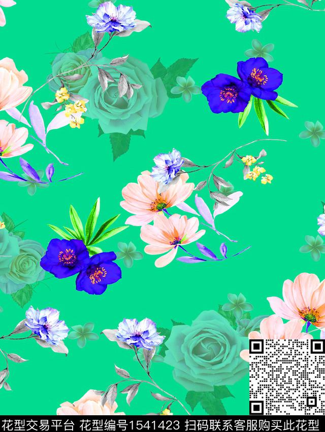 花卉满版散花女装数码印花华亿平台下载（图片编号: 1541423） - 瓦栏（Walan）