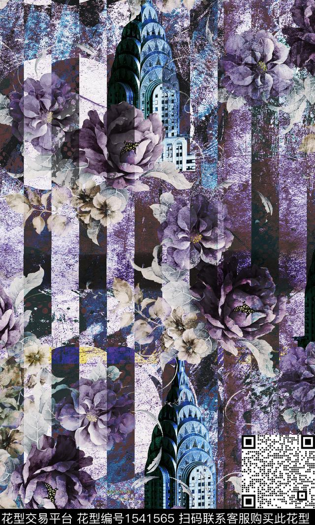 肌理风格化花卉建筑数码印花华亿平台下载（图片编号: 1541565） - 瓦栏（Walan）