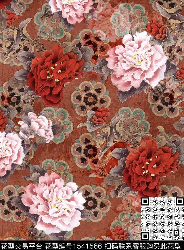 真丝香云纱花卉数码印花华亿平台下载（图片编号: 1541566） - 瓦栏（Walan）