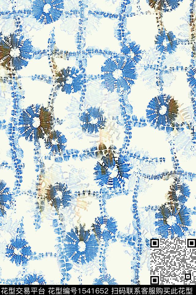 抽象花卉格子水彩数码印花华亿平台下载（图片编号: 1541652） - 瓦栏（Walan）