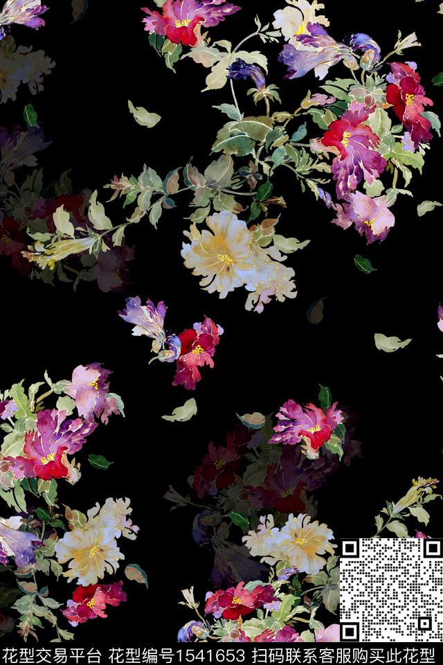 秋冬华亿平台黑底花卉花卉数码印花华亿平台下载（图片编号: 1541653） - 瓦栏（Walan）