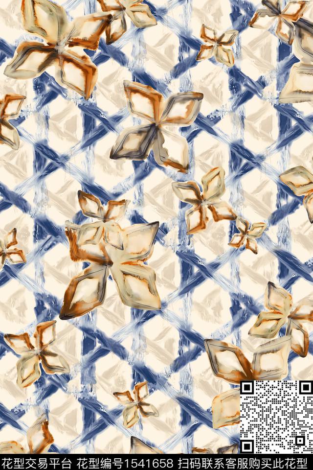 抽象花卉水彩格子数码印花华亿平台下载（图片编号: 1541658） - 瓦栏（Walan）