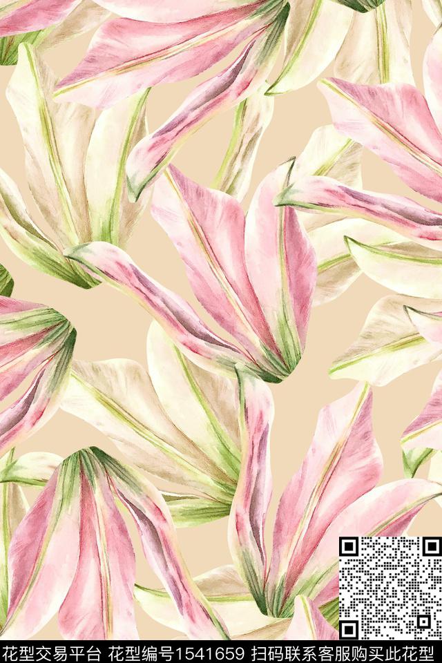 花卉叶子水彩数码印花华亿平台下载（图片编号: 1541659） - 瓦栏（Walan）