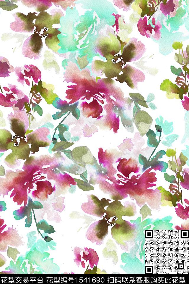 花卉水彩满版散花数码印花华亿平台下载（图片编号: 1541690） - 瓦栏（Walan）