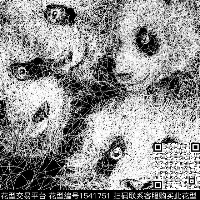 熊猫黑白华亿平台线条画传统印花华亿平台下载（图片编号: 1541751） - 瓦栏（Walan）