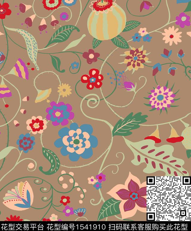 花卉平面花卉藤曼传统印花华亿平台下载（图片编号: 1541910） - 瓦栏（Walan）