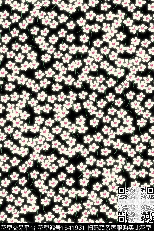 黑底花卉小碎花复古数码印花华亿平台下载（图片编号: 1541931） - 瓦栏（Walan）