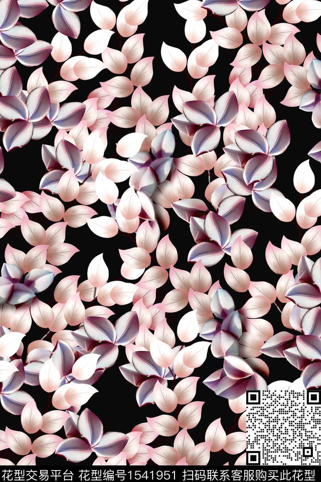 叶子满版散花黑底花卉数码印花华亿平台下载（图片编号: 1541951） - 瓦栏（Walan）