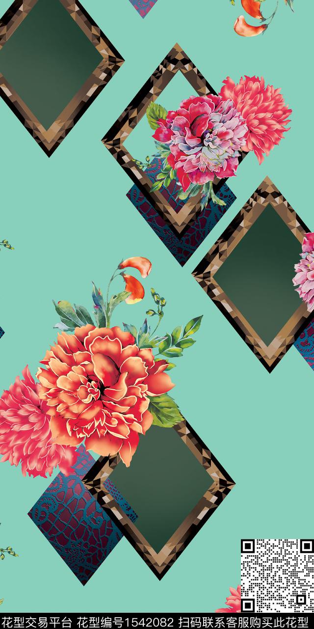 大花花卉几何数码印花华亿平台下载（图片编号: 1542082） - 瓦栏（Walan）