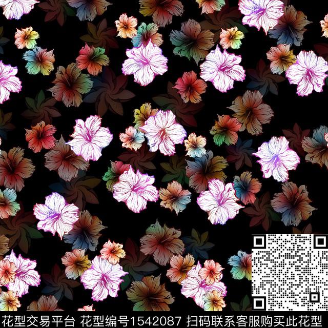 花卉黑底花卉小碎花数码印花华亿平台下载（图片编号: 1542087） - 瓦栏（Walan）