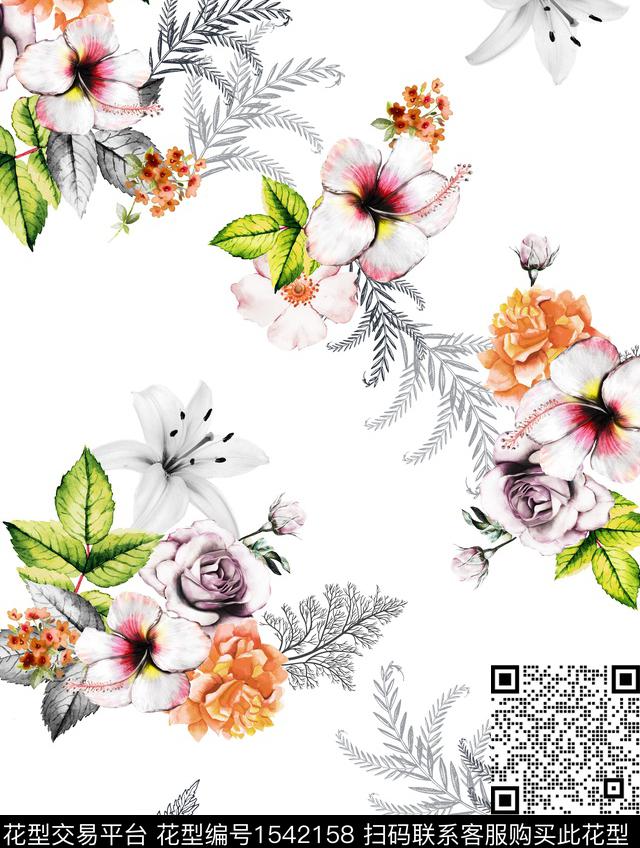 花卉水彩白底花数码印花华亿平台下载（图片编号: 1542158） - 瓦栏（Walan）