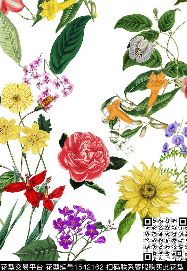 复古花卉白底花数码印花华亿平台下载（图片编号: 1542162） - 瓦栏（Walan）