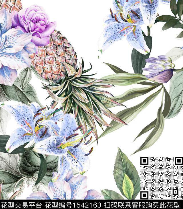 菠萝花卉水彩数码印花华亿平台下载（图片编号: 1542163） - 瓦栏（Walan）