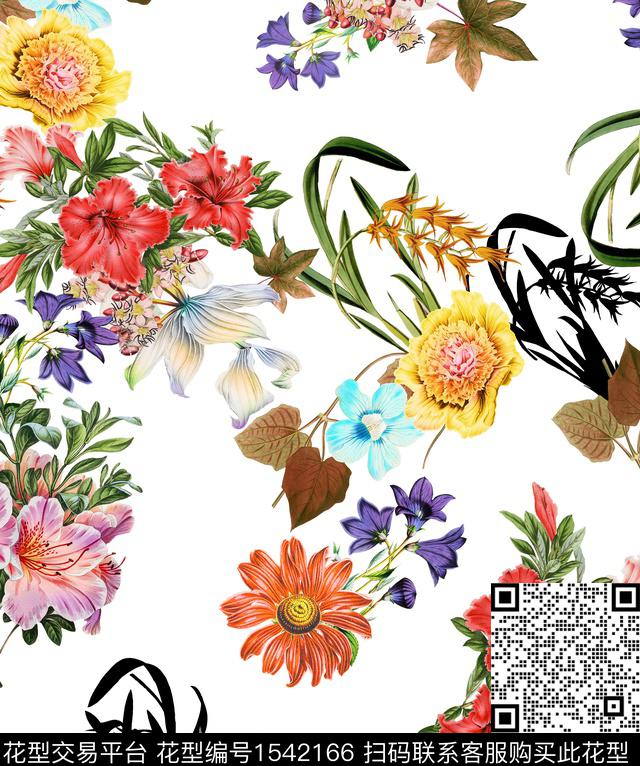 复古花卉白底花数码印花华亿平台下载（图片编号: 1542166） - 瓦栏（Walan）
