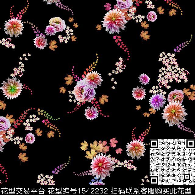 花卉黑底花卉小碎花数码印花华亿平台下载（图片编号: 1542232） - 瓦栏（Walan）