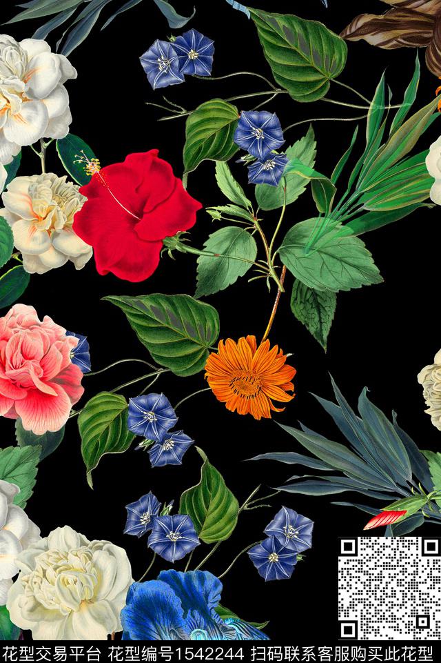 复古花卉黑底花卉数码印花华亿平台下载（图片编号: 1542244） - 瓦栏（Walan）