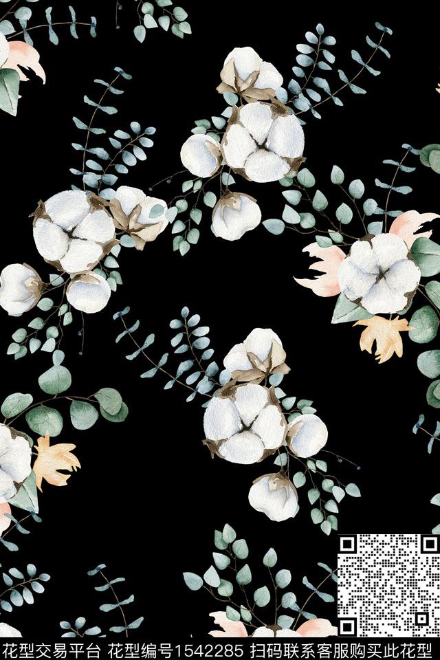 水彩花卉黑底花卉数码印花华亿平台下载（图片编号: 1542285） - 瓦栏（Walan）