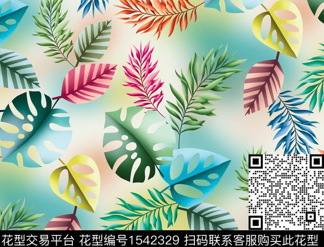 热带叶子炫彩数码印花华亿平台下载（图片编号: 1542329） - 瓦栏（Walan）