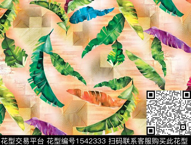 热带叶子格子数码印花华亿平台下载（图片编号: 1542333） - 瓦栏（Walan）