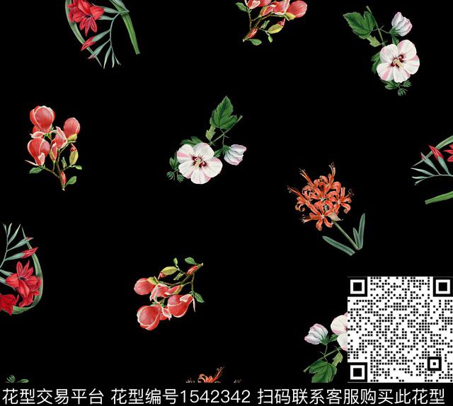 复古花卉黑底花卉数码印花华亿平台下载（图片编号: 1542342） - 瓦栏（Walan）