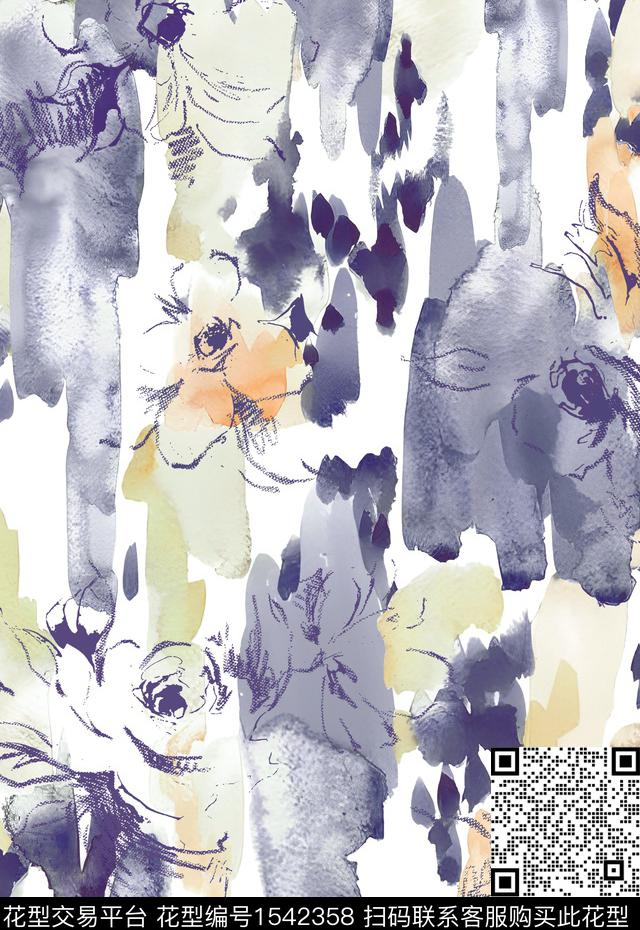 水彩花卉抽线数码印花华亿平台下载（图片编号: 1542358） - 瓦栏（Walan）