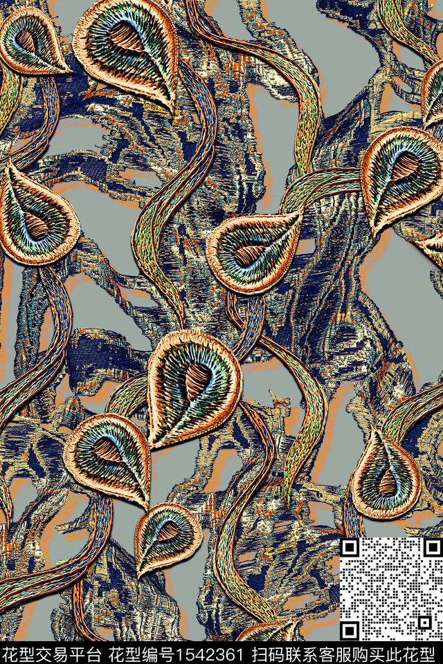 抽象中老年仿绣花数码印花华亿平台下载（图片编号: 1542361） - 瓦栏（Walan）