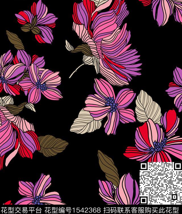 花卉线条花黑底花卉传统印花华亿平台下载（图片编号: 1542368） - 瓦栏（Walan）