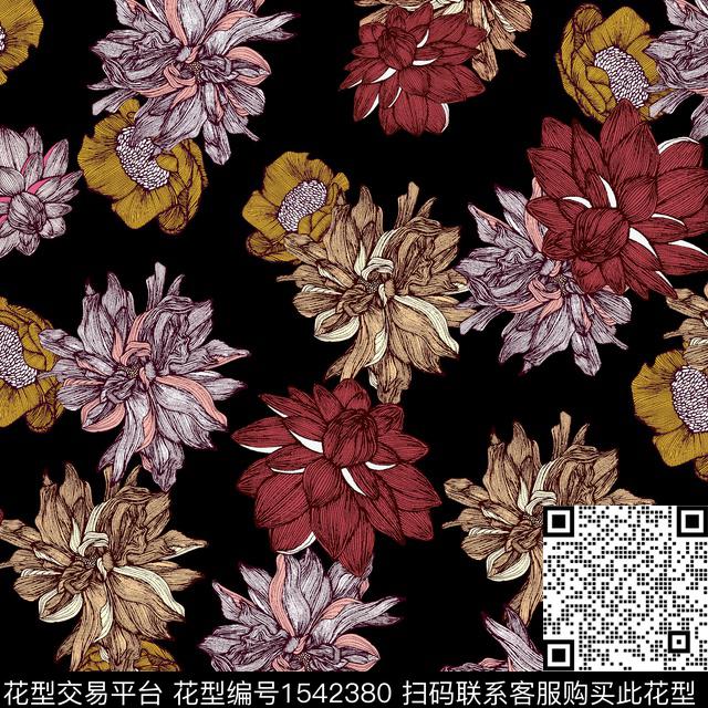 复古花卉黑底花卉数码印花华亿平台下载（图片编号: 1542380） - 瓦栏（Walan）